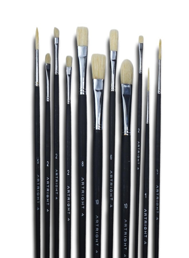 ArtRight Flat Hog Hair Mix Paintbrush Set 11pcs, Professional Long Handle Brushes for Oil, Watercolour, Acrylic, Natural Hair Brush, Wooden Handle, Synthetic Bristle, Ideal for Mixed Media Painting - Image 1